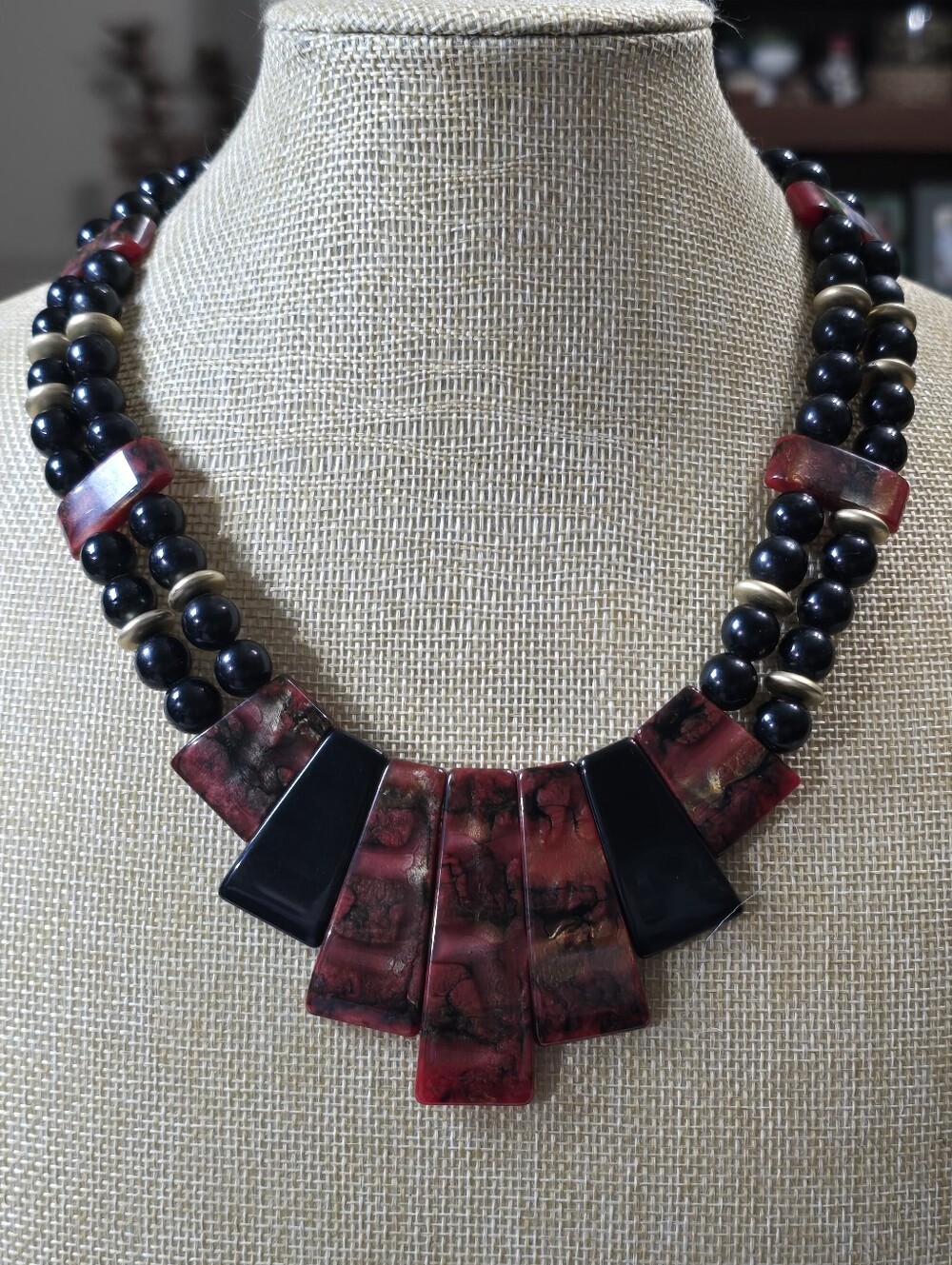 Vintage MCM Red Black & Gold Marbled Lucite Bib Statement Necklace